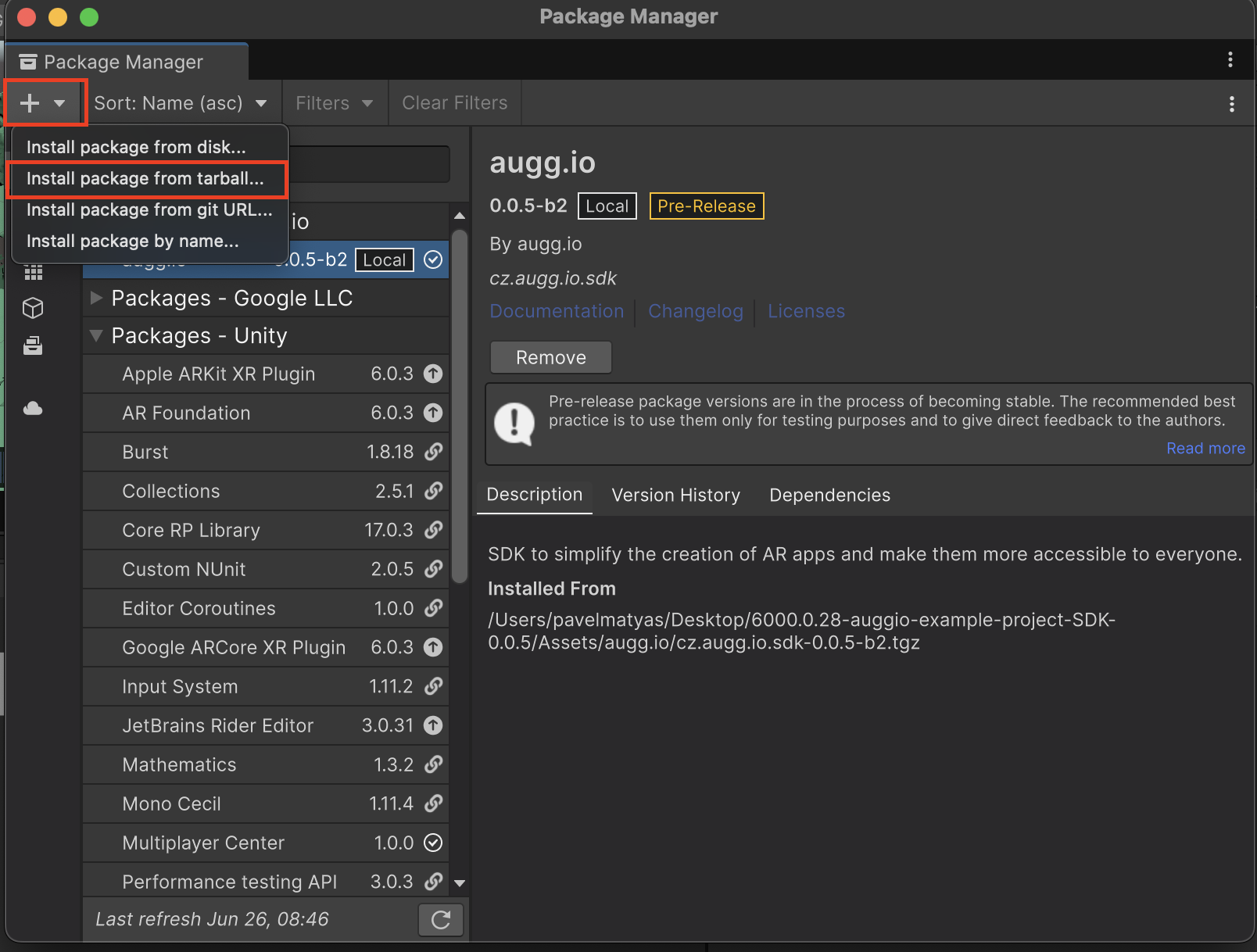 Selecting Install package from tarball